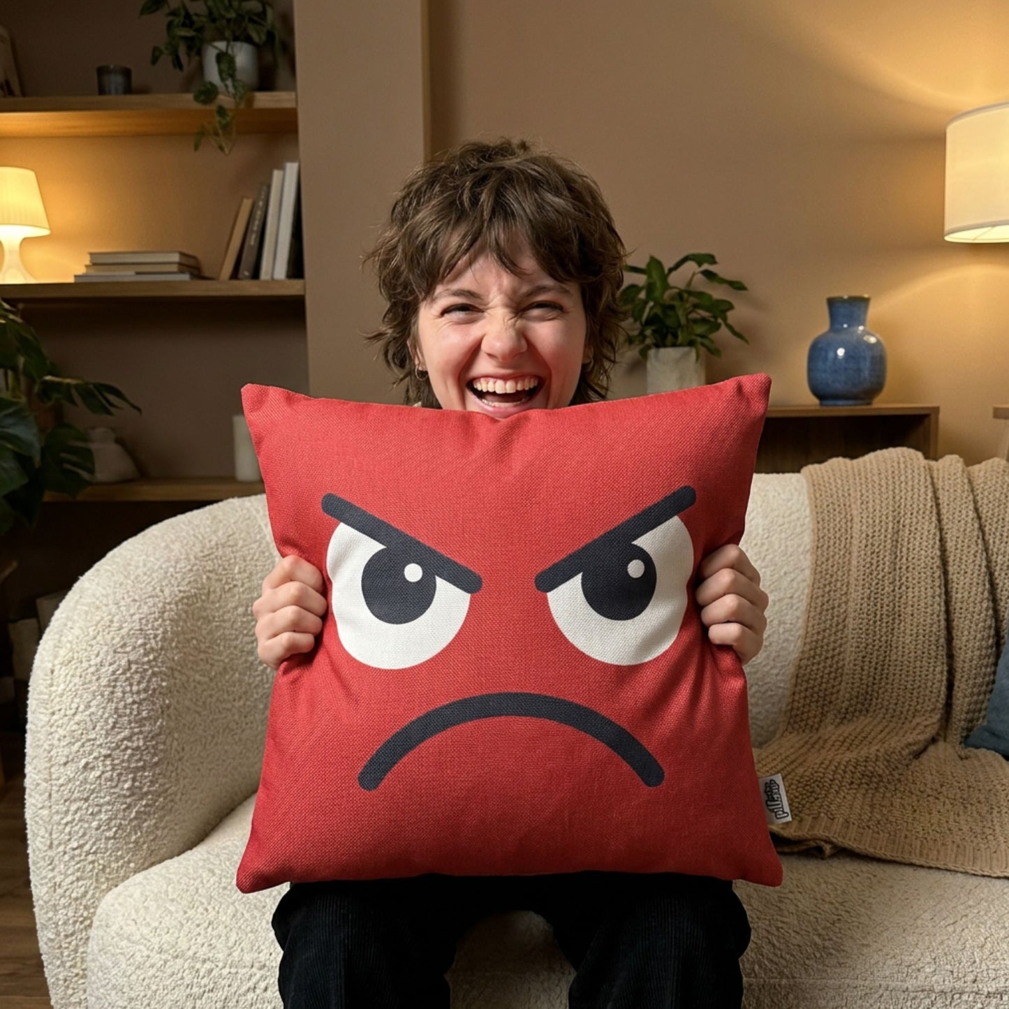 Boos emoji kussen op een bank van PillowBuddies