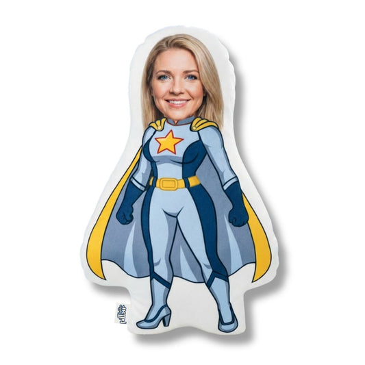 Jouw eigen superheld als kussen. Jouw gezicht als supervrouw op een gepersonaliseerd kussen.