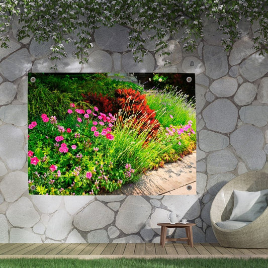 Duurzame tuinposter met een kleurrijk bloembed