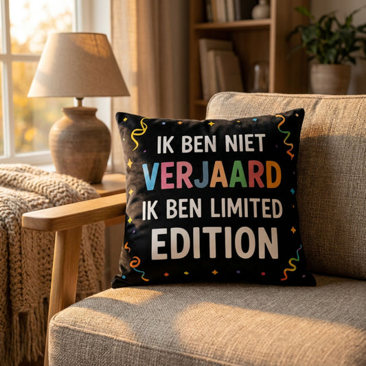 Kussen met Tekst Ik ben niet verjaard, ik ben limited edition van PillowBuddies