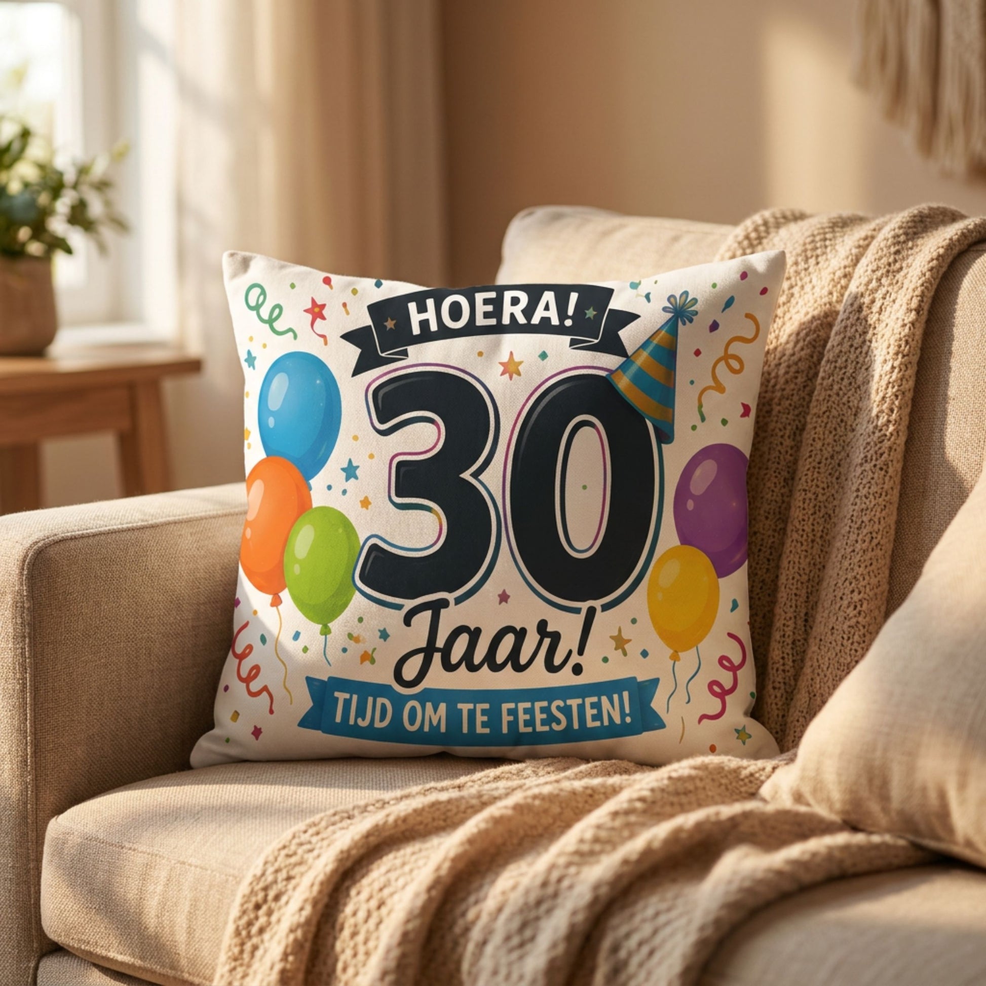 Kussen met tekst 30 jaar Tijd om te Feesten op een bank van PillowBuddies