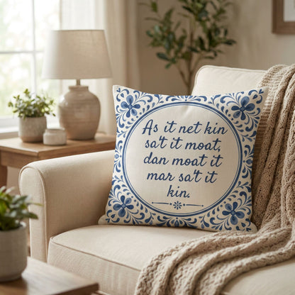 Caravan kussen met tekst As it net kin sa't it moat, dan moat it mar sa't it kin op een bank van PillowBuddies