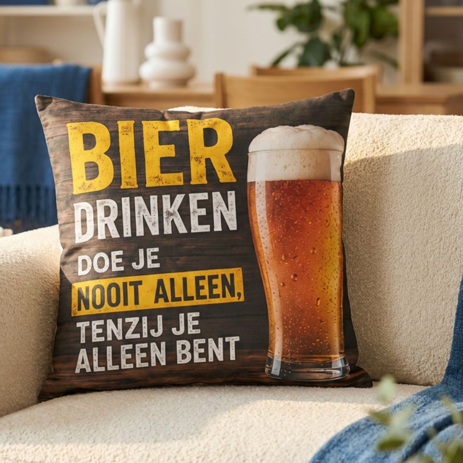 Kussen met tekst Bier Drinken doe je Nooit Alleen op een bank van PillowBuddies