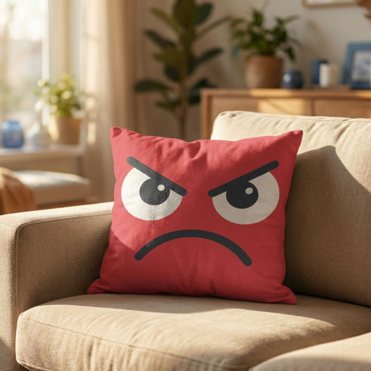 Kussen met een Boos smiley op een bank van PillowBuddies