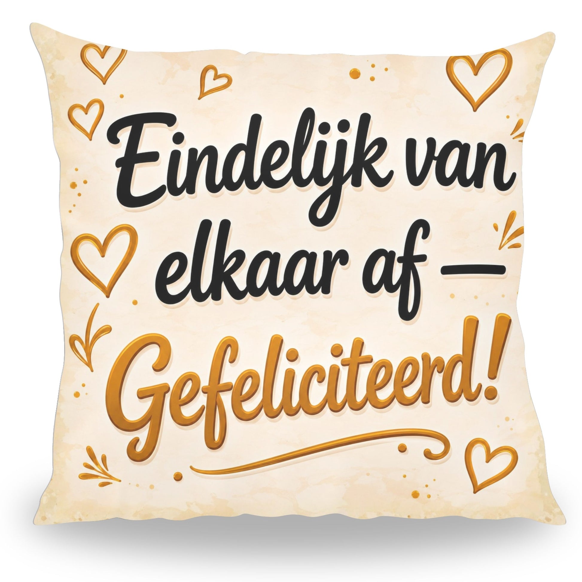Grappig kussen met tekst Eindelijk van elkaar af - Gefeliciteerd! van PillowBuddies