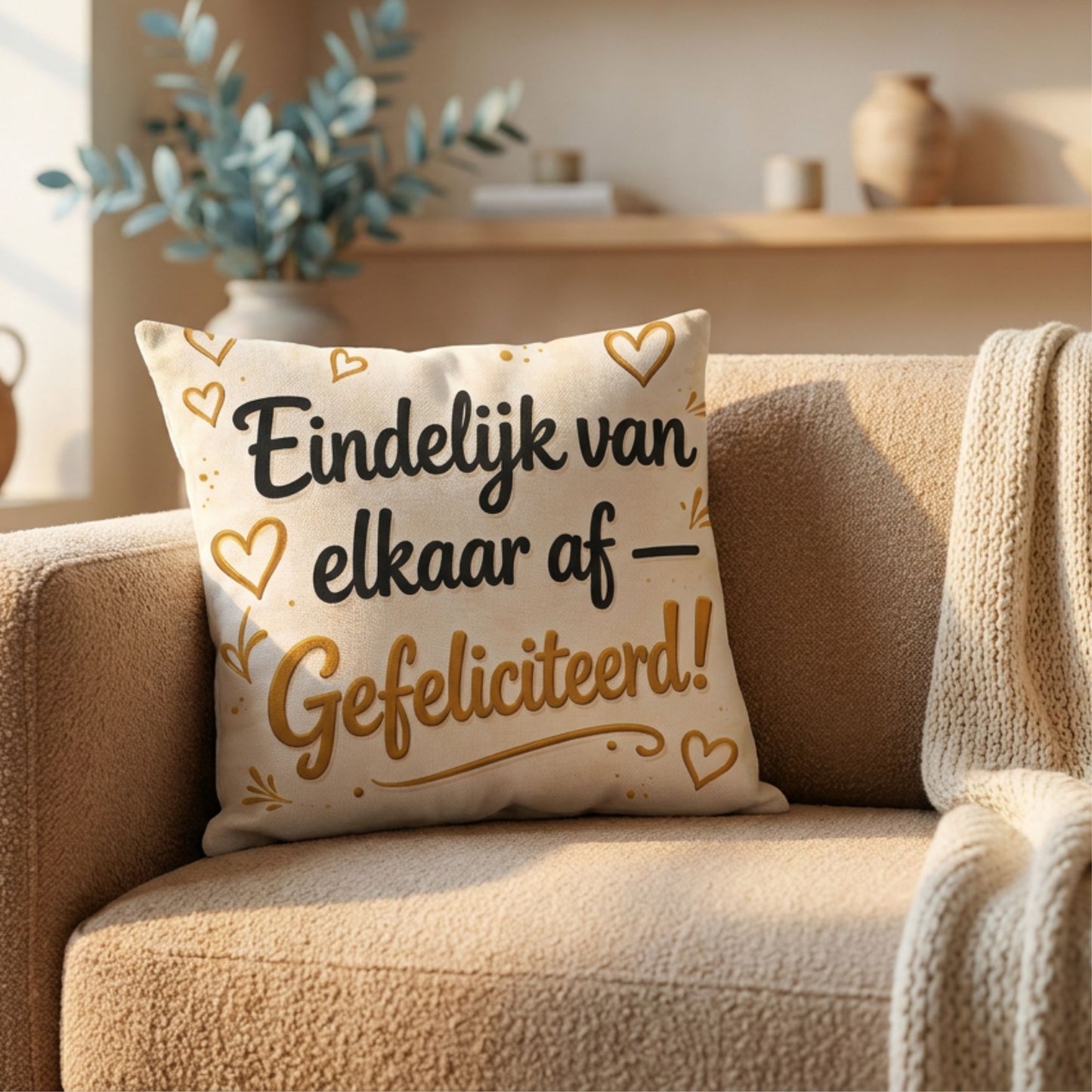 Kussen met tekst Eindelijk van Elkaar Af Gefeliciteerd op een bank van PillowBuddies