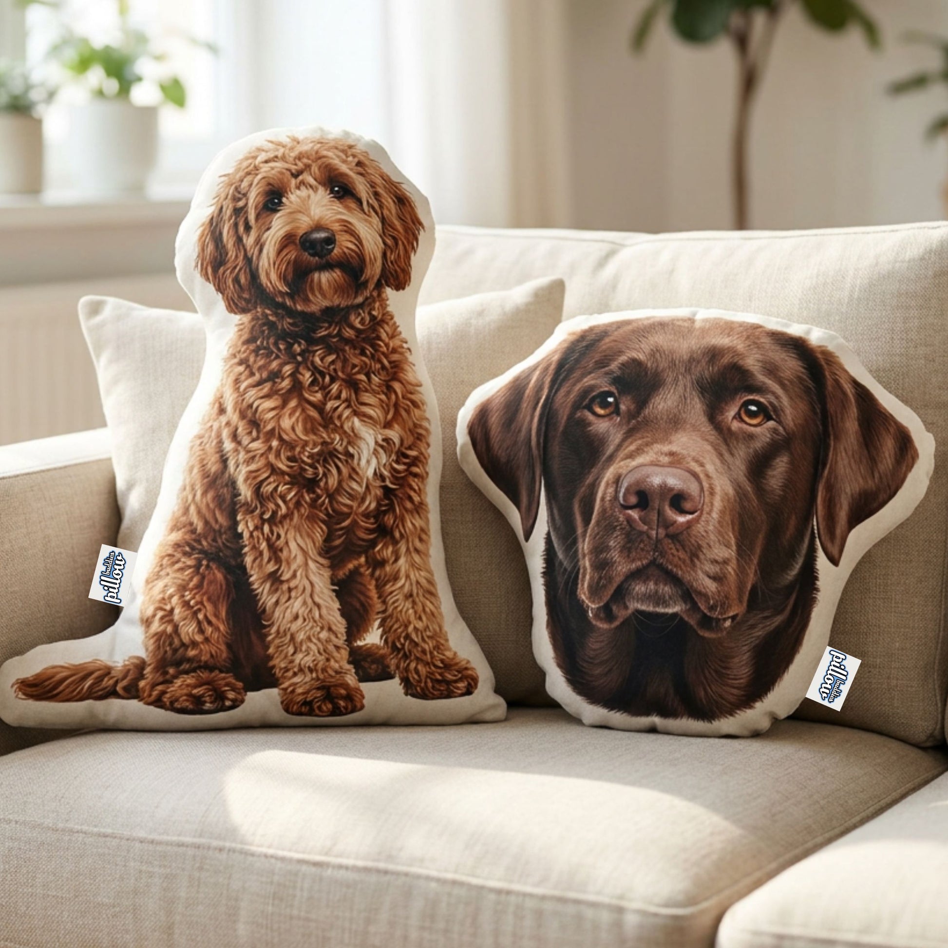 Kussen met opdruk van jouw hond. uitgesneden in de vorm van de foto.