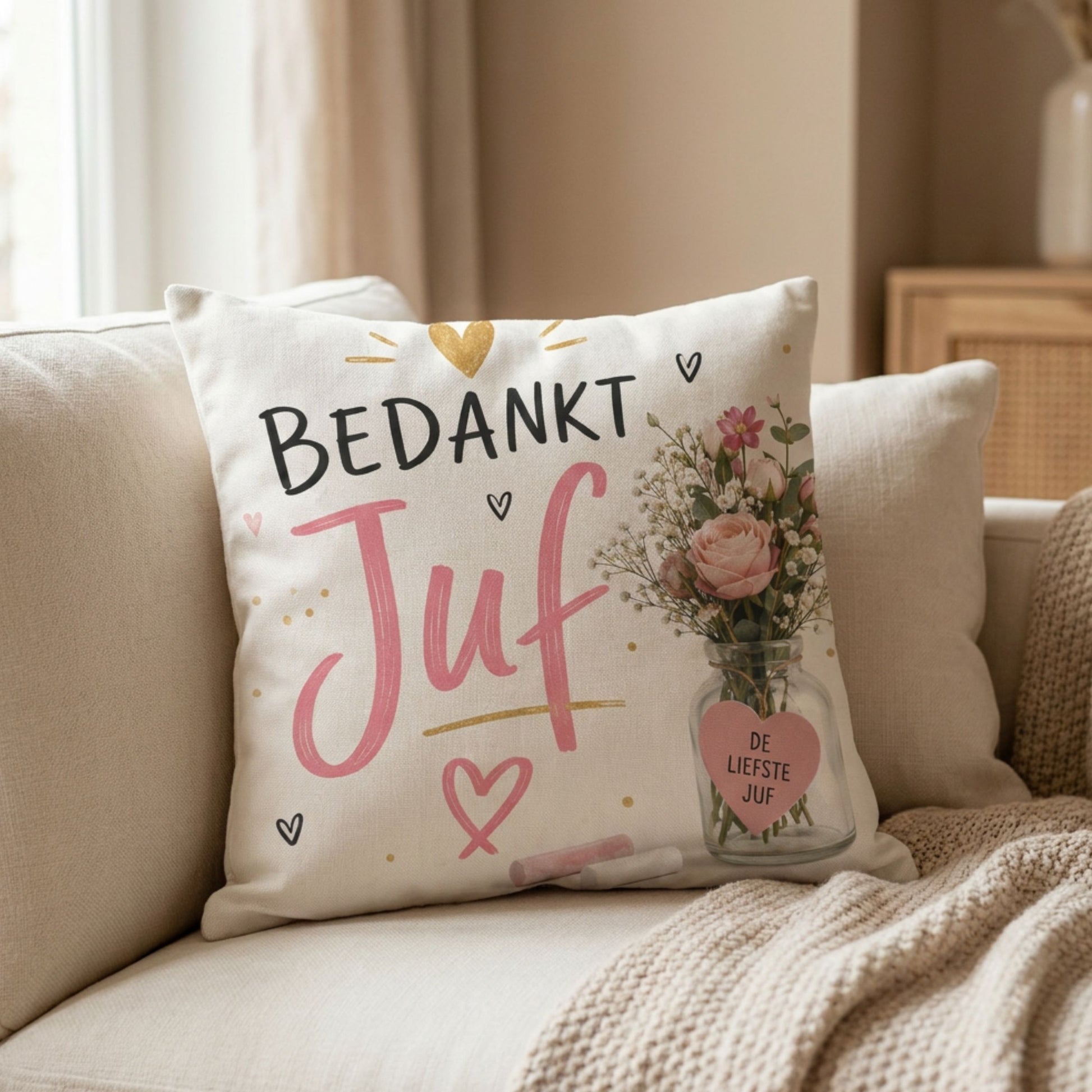 Kussen met tekst Bedankt Juf op een bank van PillowBuddies
