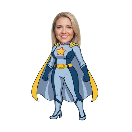 Cartoon kussen van een supervrouw met het gezicht van jouw superheld