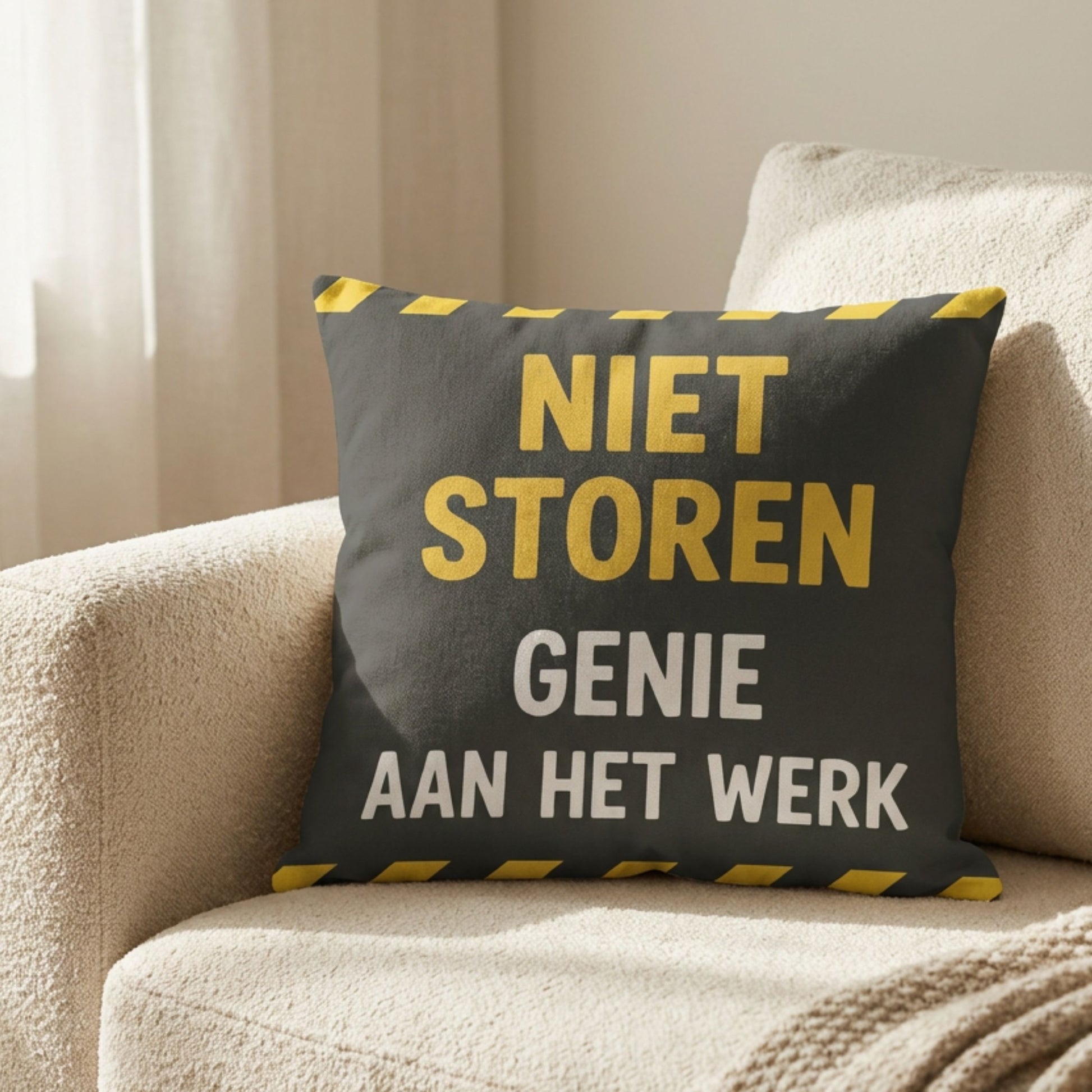 Caravan kussen met tekst Niet storen, Genie aan het werk op een bank van PillowBuddies