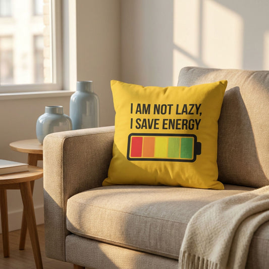 Kussen met tekst I am not lazy, I save energy op een bank van PillowBuddies