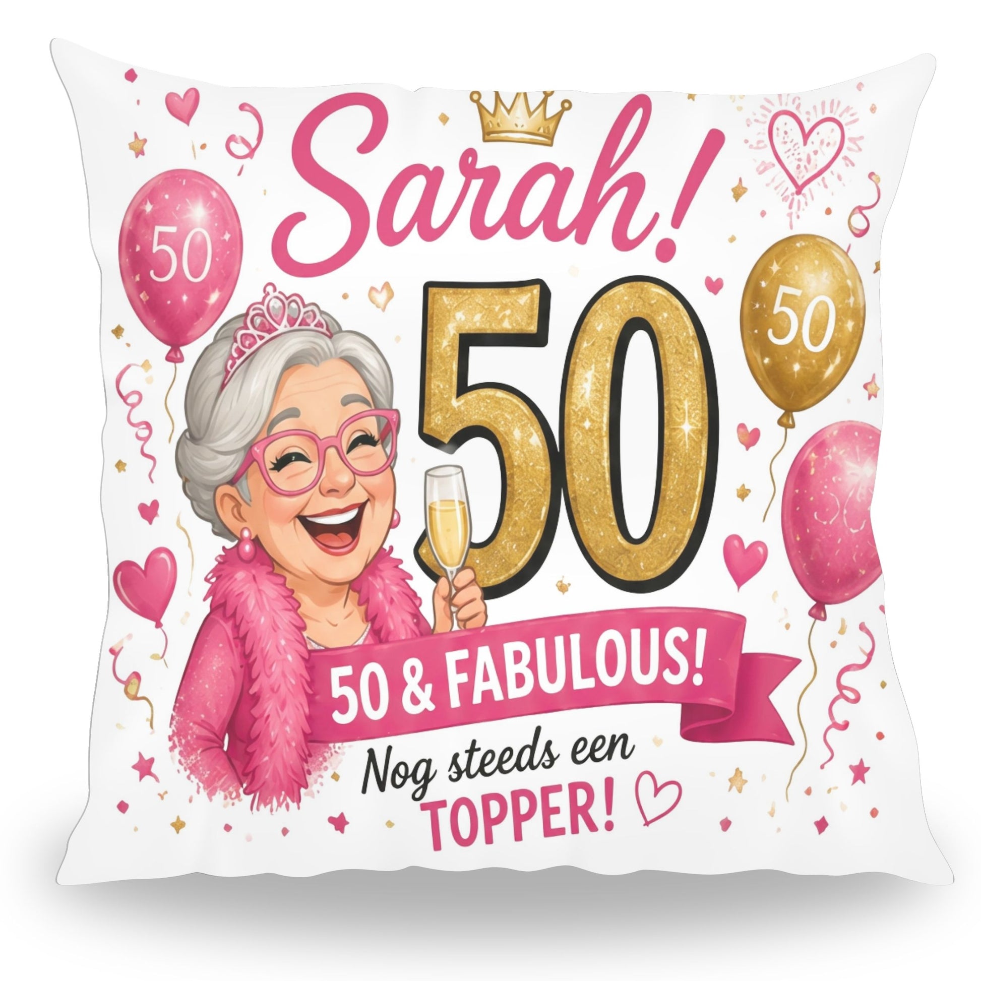 Grappig kussen met tekst Sarah 50 jaar Fabulous Nog Steeds een Topper van PillowBuddies