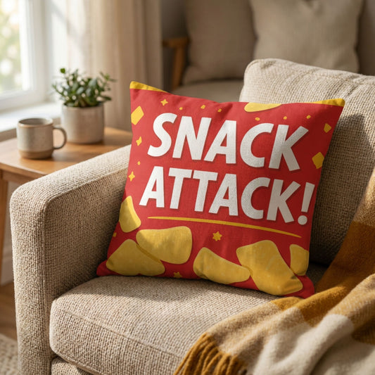 Kussen met tekst Snack Attack op een bank van PillowBuddies