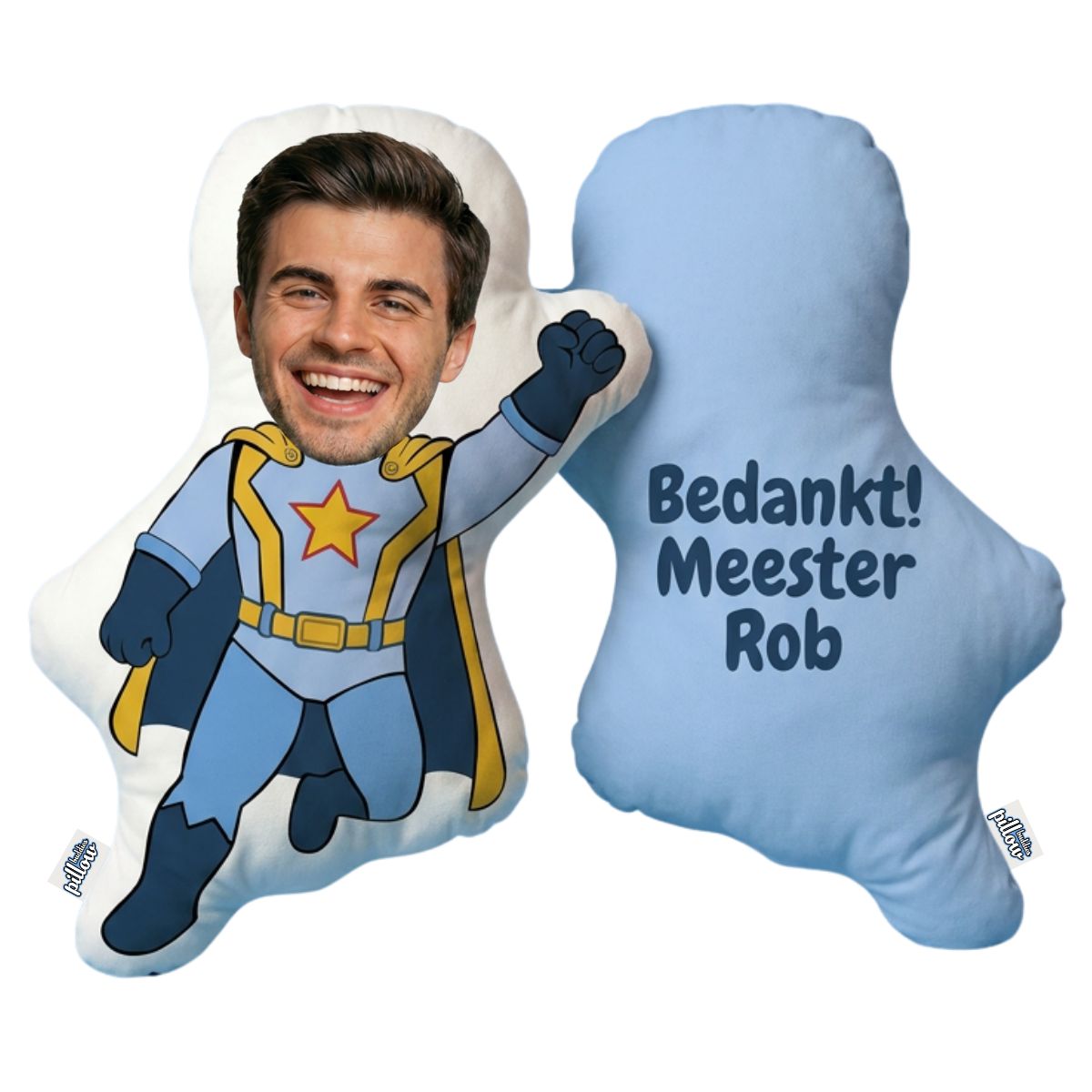 Bedank je meester voor een superjaar met een echt superhelden cartoonkussen. Personaliseer met een tekst op de achterzijde.