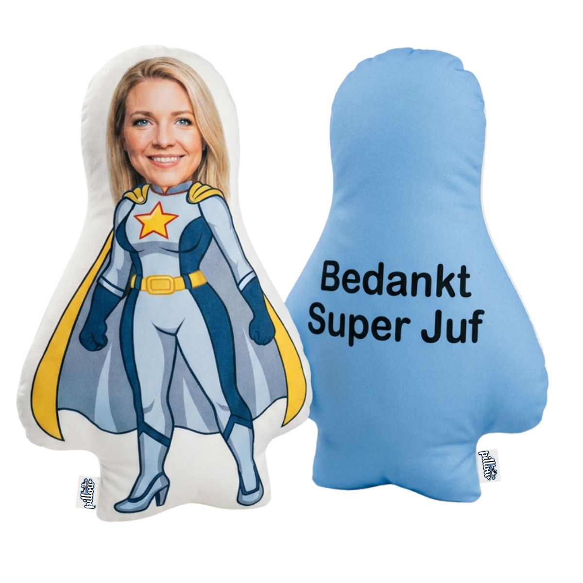Bedank de juf voor een super schooljaar met een superhelden cartoonkussen. Personaliseer het kussen met een eigen tekst.