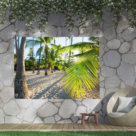 Pillow Buddies buitenposter – schaduwen van palmbomen op wit zand