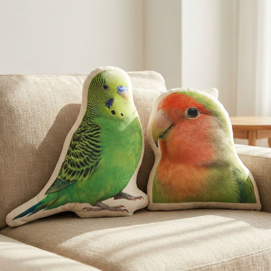 Vogelkussen met jouw eigen foto. Uitgesneden in de vorm van jouw vogel.