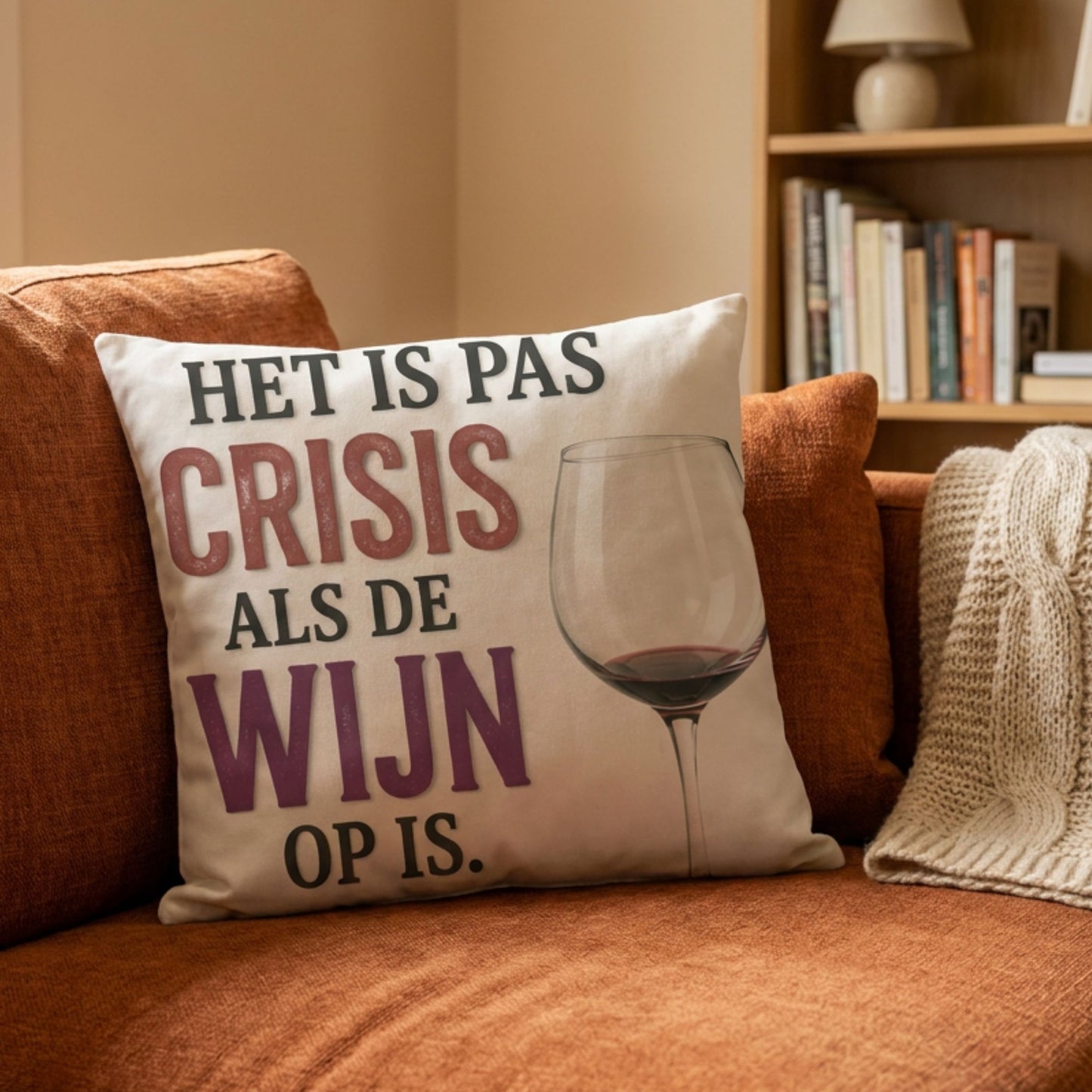 Kussen met tekst Het is pas crisis als de wijn op is op een bank van PillowBuddies