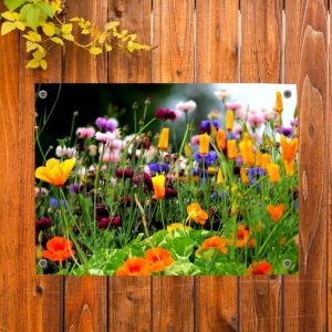 Schuttingdecoratie: tuinposter met een bloementuin