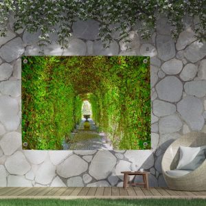 Schuttingdecoratie: tuinposter met een idyllisch pad door een tunnel van groen