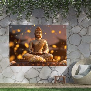 Pillow Buddies tuinposter – serene meditatieplek met Boeddha