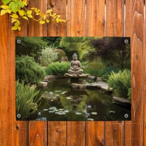 Pillow Buddies tuinposter – serene Boeddha in een zen-tuin