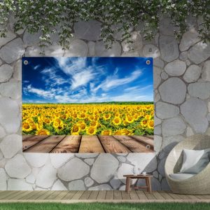 Landelijke zonnebloem tuinposter van Pillow Buddies voor een vrolijke tuin