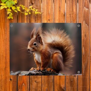 Tuinposter met een eekhoorn staand op een boomstam