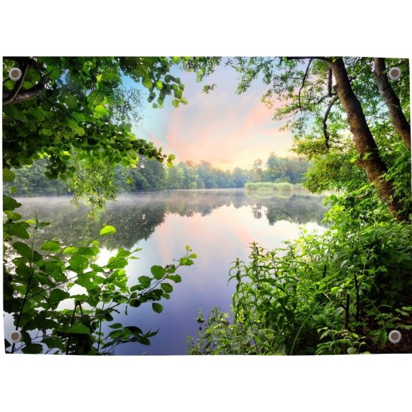 Pillow Buddies tuinposter – rustgevend bergmeer bij zonsopgang