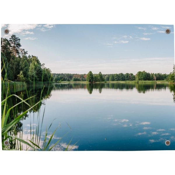 Tuinposter met een spiegelend meer en weelderig groene oever