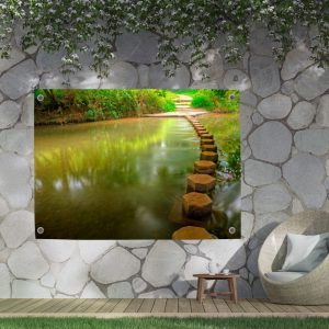 Schuttingdecoratie: tuinposter met een mystiek bergmeer en een stenen pad