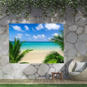 Tuinposter - Uitzicht op strand met palmbomen