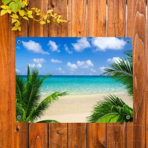 Pillow Buddies buitenposter – exotisch strand met palmbomen en turquoise zee