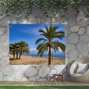 Tuinposter met een tropisch strandpad omgeven door palmbomen