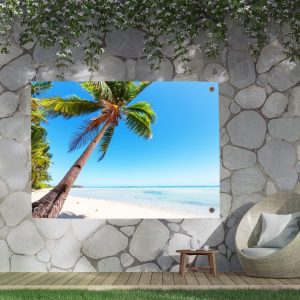 Tuinposter met helderblauwe zee en zacht glooiend strand