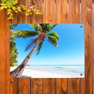 Pillow Buddies tuinposter – tropisch strand met wuivende palmbomen